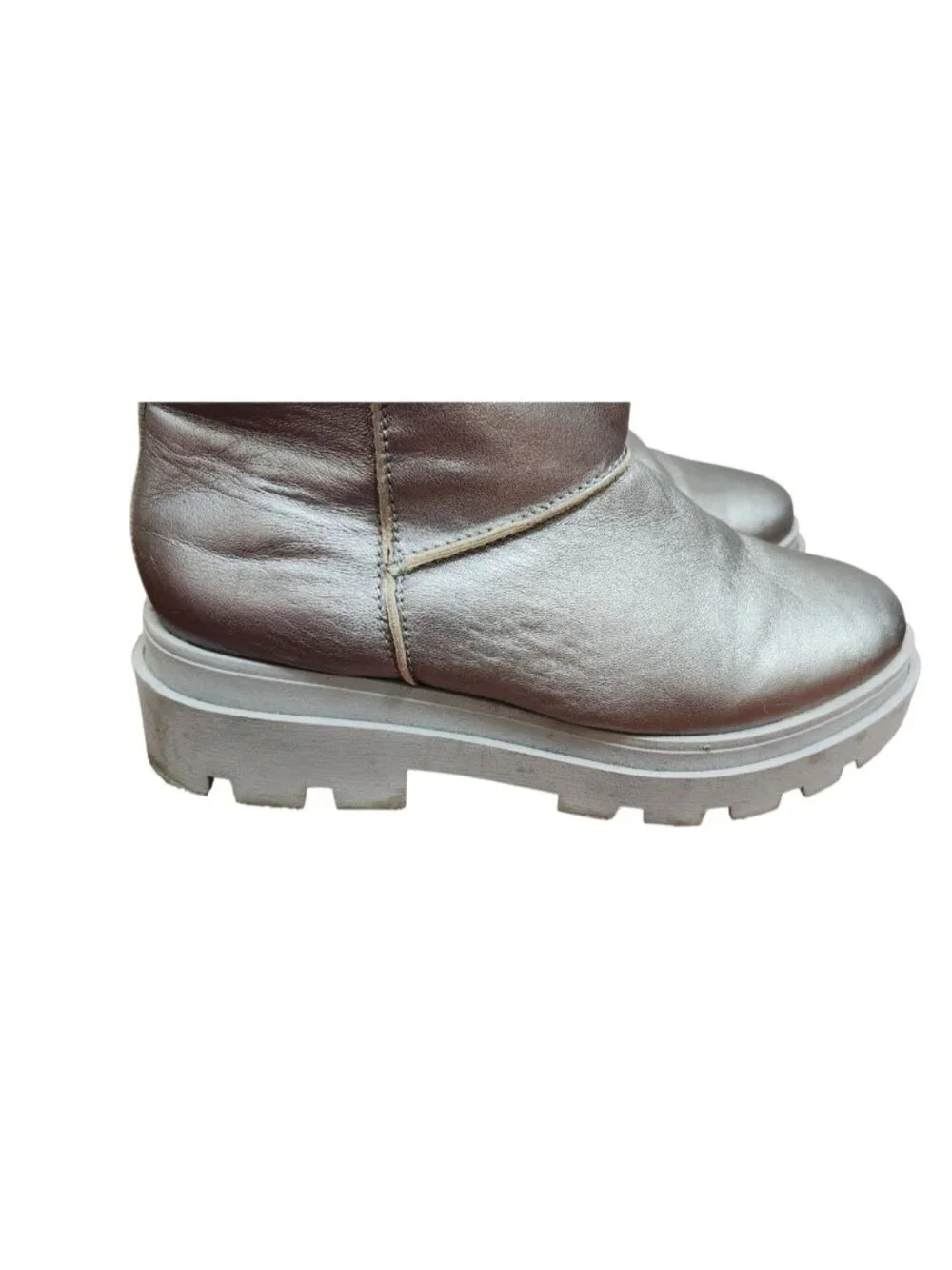 DWRS Metallic Silver Leather Ankle Boots Shearling Lined Platform Lug Sole 10.5